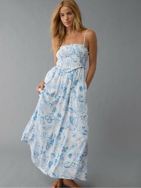 American Eagle Outfitters White Maxi Dress with Blue Floral Print